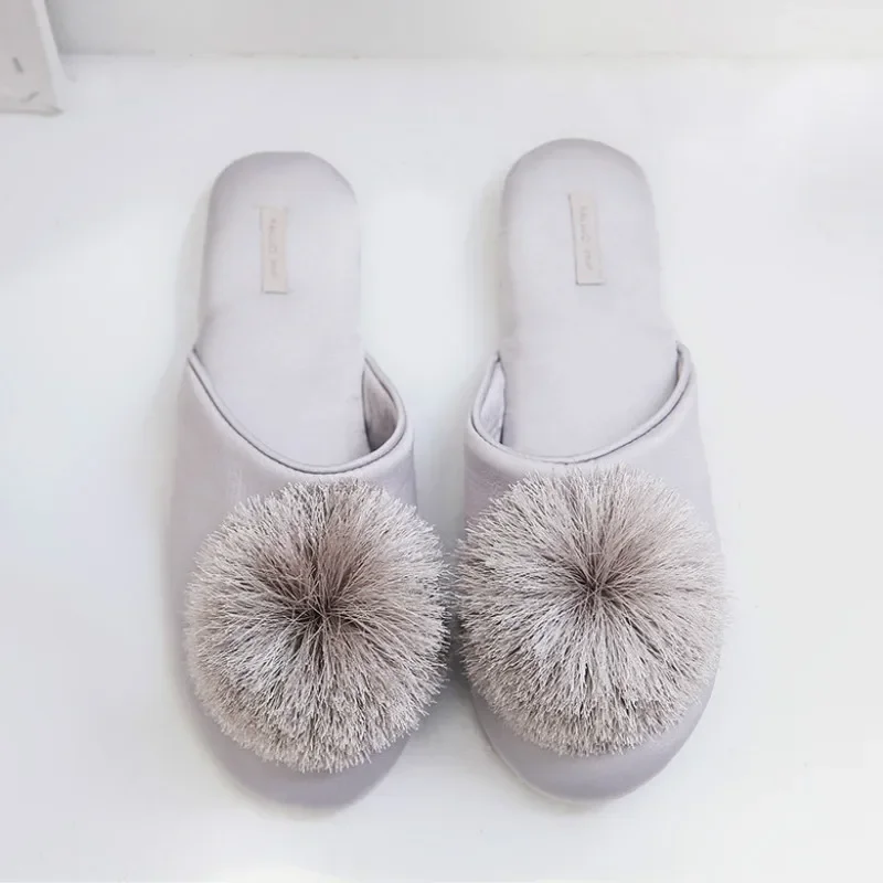 High Quality Elegant Silk Fringe Ball Pink Comfortable Home Slippers Breathable Indoor Mute Non-slip House Shoes Women Slides