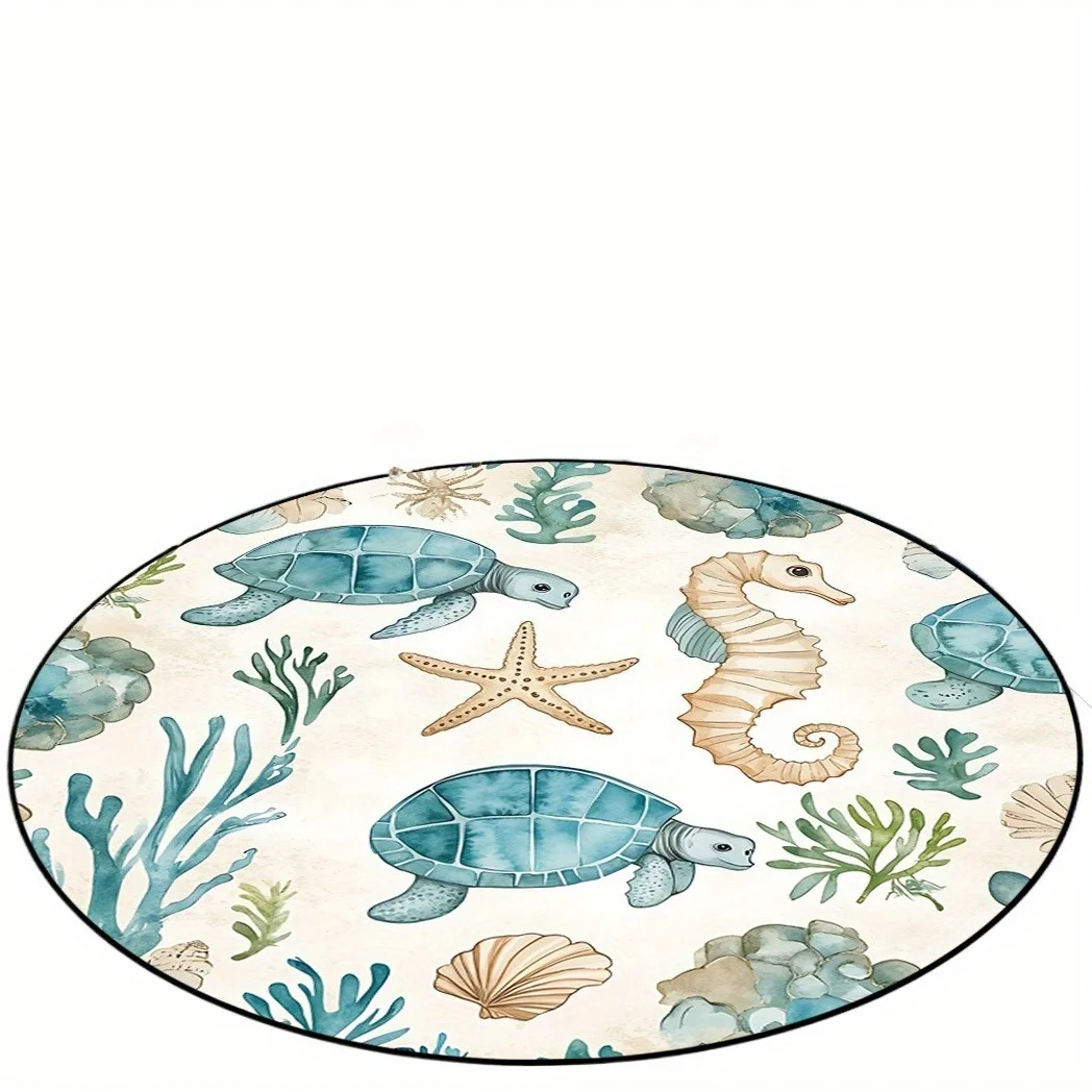 Round Seahorse, Sea Turtle & Starfish Pattern Floor Mat – Washable Indoor Rug for Living Room, Bedroom & Office