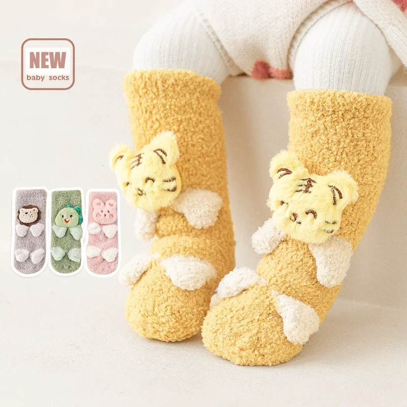 Cute Cartoon Baby Socks Winter Coral Fleece Thickened Baby Long Tube Newborn Boy Girls Non-slip Children's Floor Socks