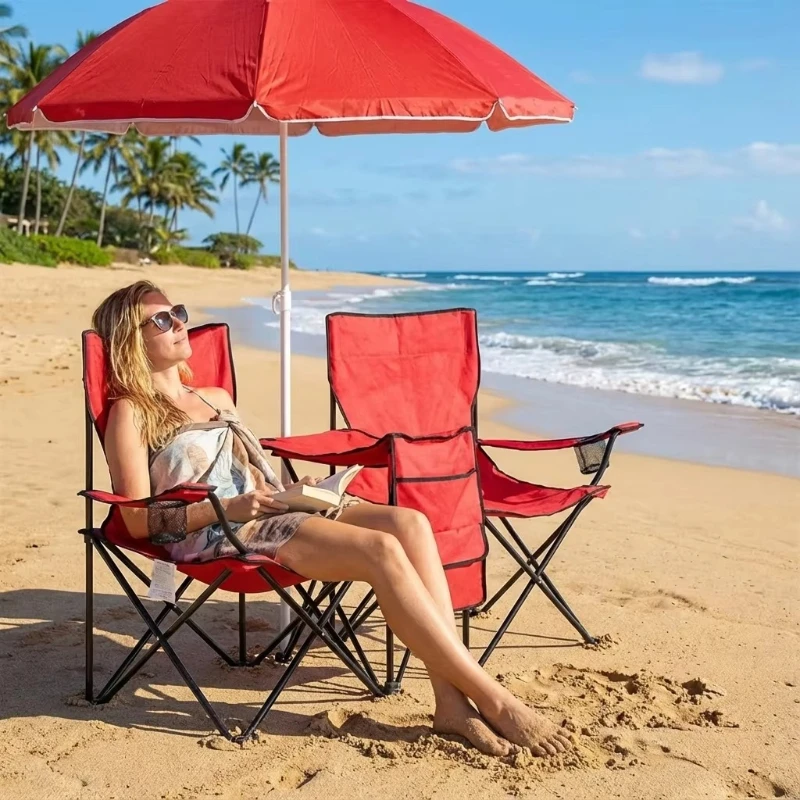 Outdoor camping double seat portable folding two sunshade fishing beach couple chair with umbrella top