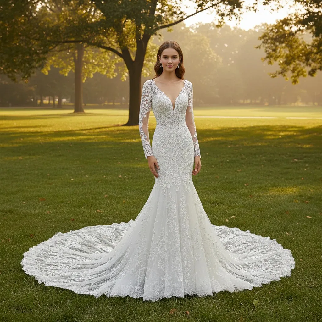 Rosymae Romantic V-Neck Long Sleeve Lace Wedding Dress Fit And Flare Style for Brides