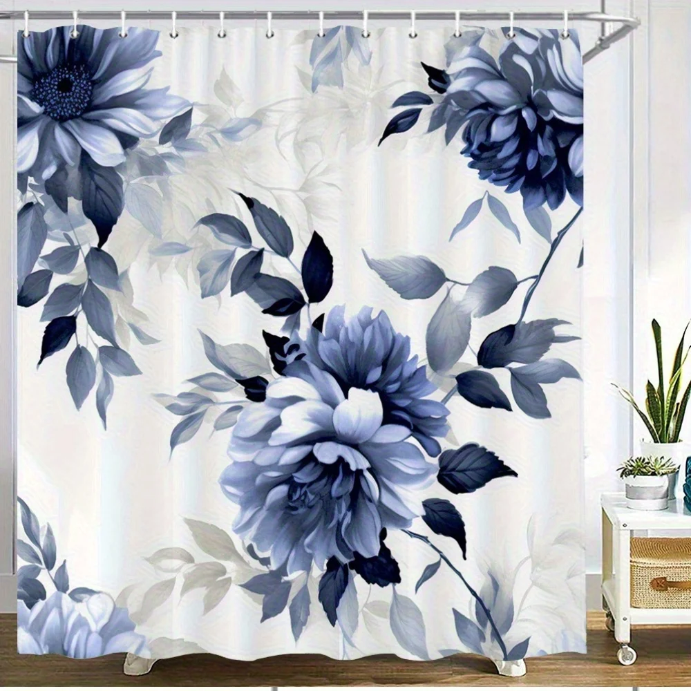 

1 шт. элегантная занавеска для душа с цветочным принтом георгина - полиэфирная ткань, можно стирать в машине, с крючком, подходит для украшения ванной комнаты