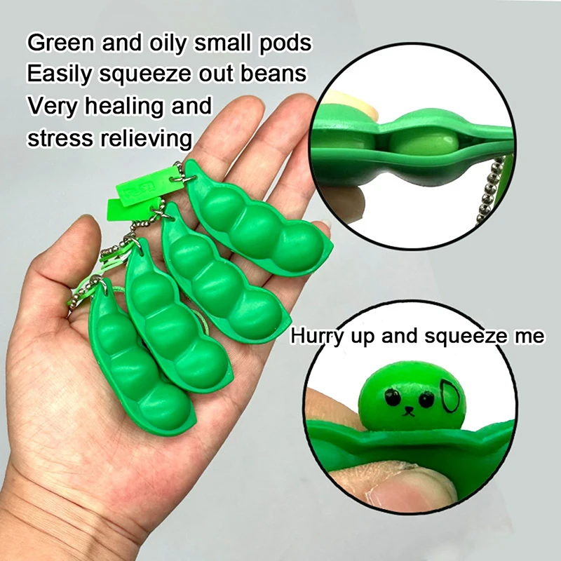 10-50pcs Fidget Toys Pack Decompression Edamame Squishy Squeeze Peas Beans Keychain Cute Stress Relief Adult Toy Keychain