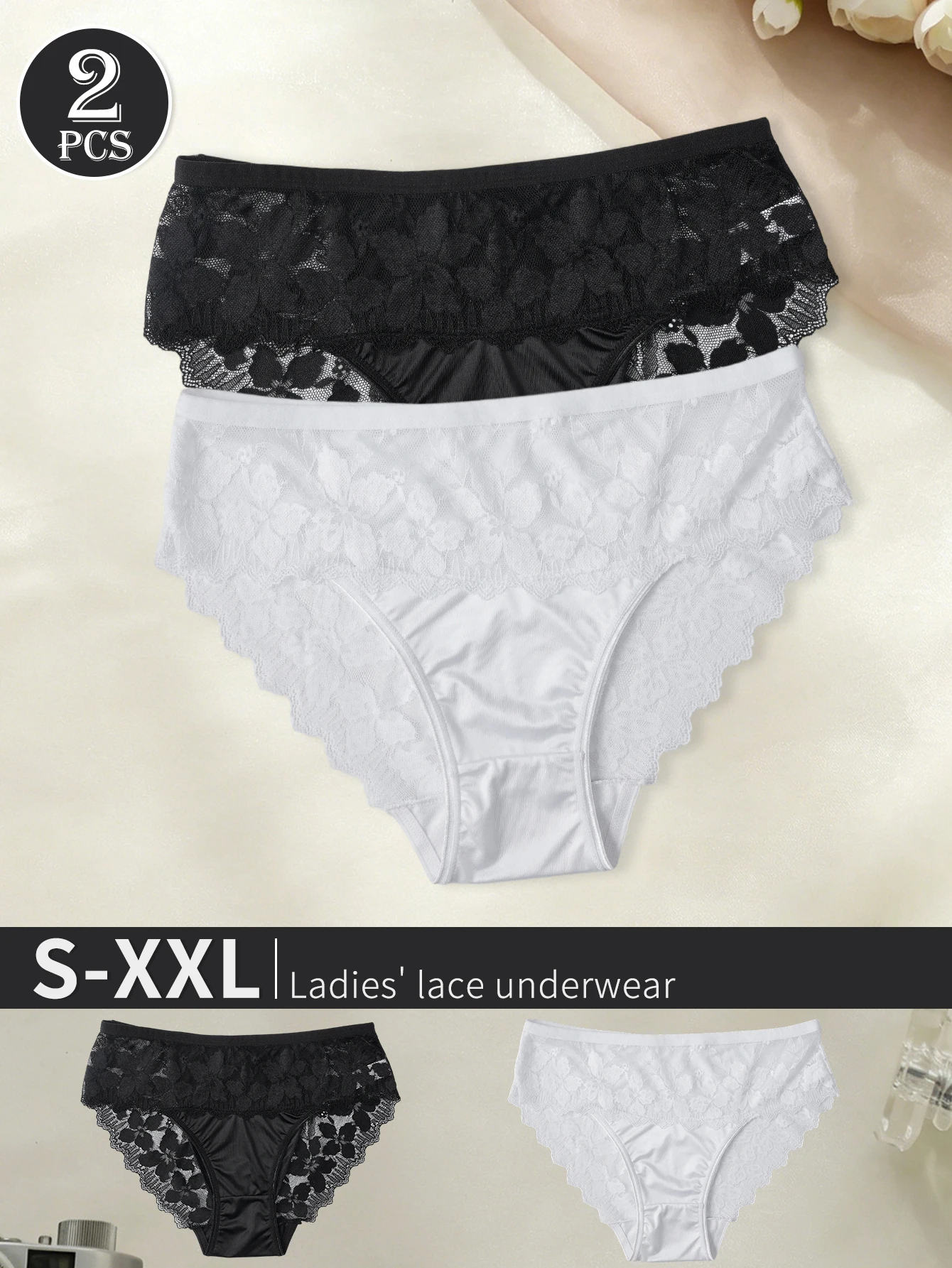 2PCS Ladies Mid Rise Briefs Sheer Floral Lace Glossy Satin Panties Breathable Soft Women Daily Underwear Classic Black White Set
