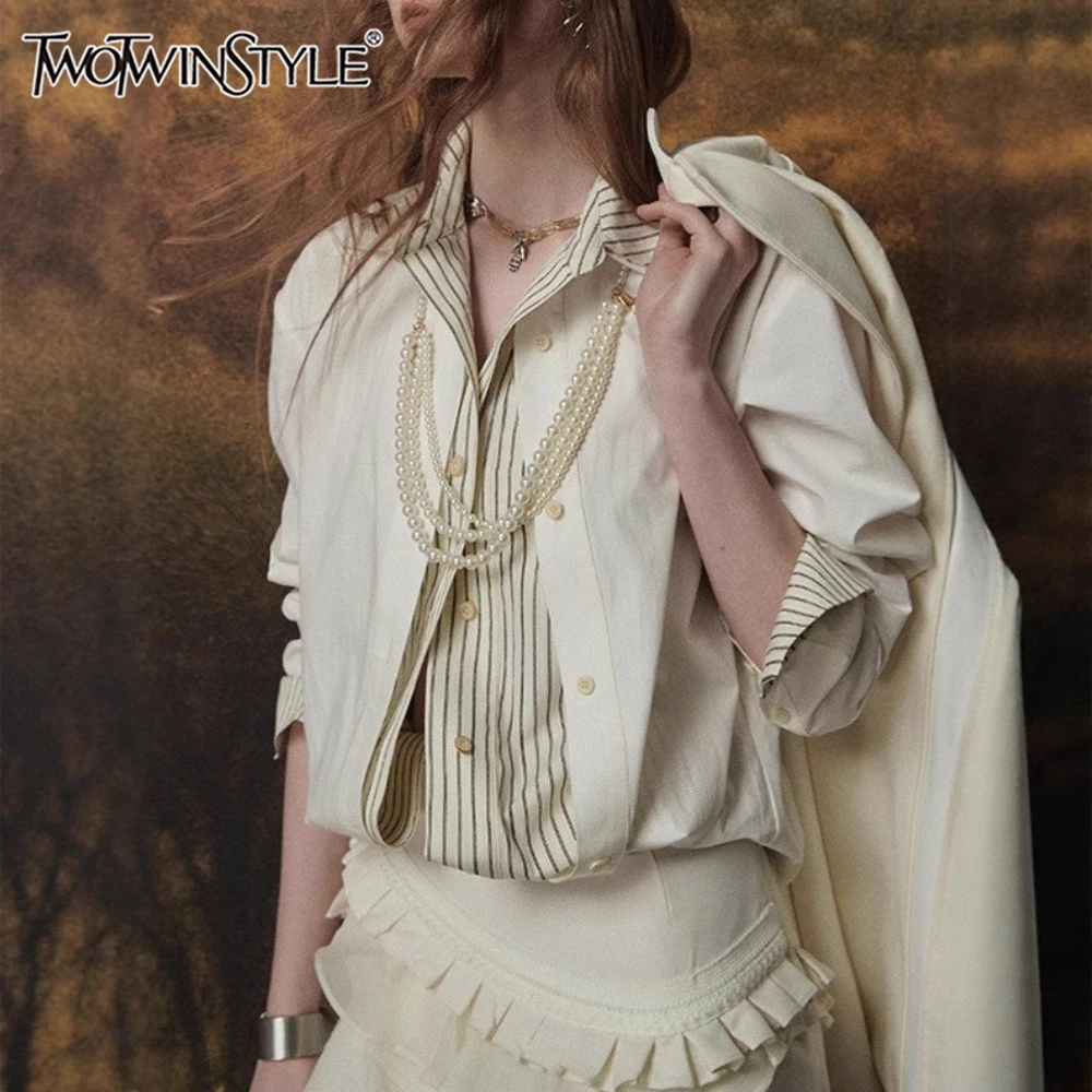 

TWOTWINSTYLE абрикосовая полосатая шикарная рубашка женская с лацканами и длинным рукавом свободные французские офисные женские рубашки осенняя мода новинка