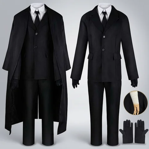 Men Black Suit Outfit Long Trench Coat Vest Shirt Tie Gloves Full Set Halloween Carnival Party Cosplay Costume for Adult Men