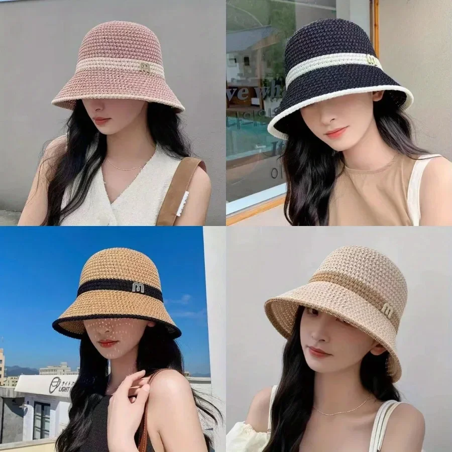 

Knitted Hollow Sun Hats for Women Matching Color Letter Sunshade Ladies Holiday Beach Bucket Hat Outdoor Traveling Fisherman Cap