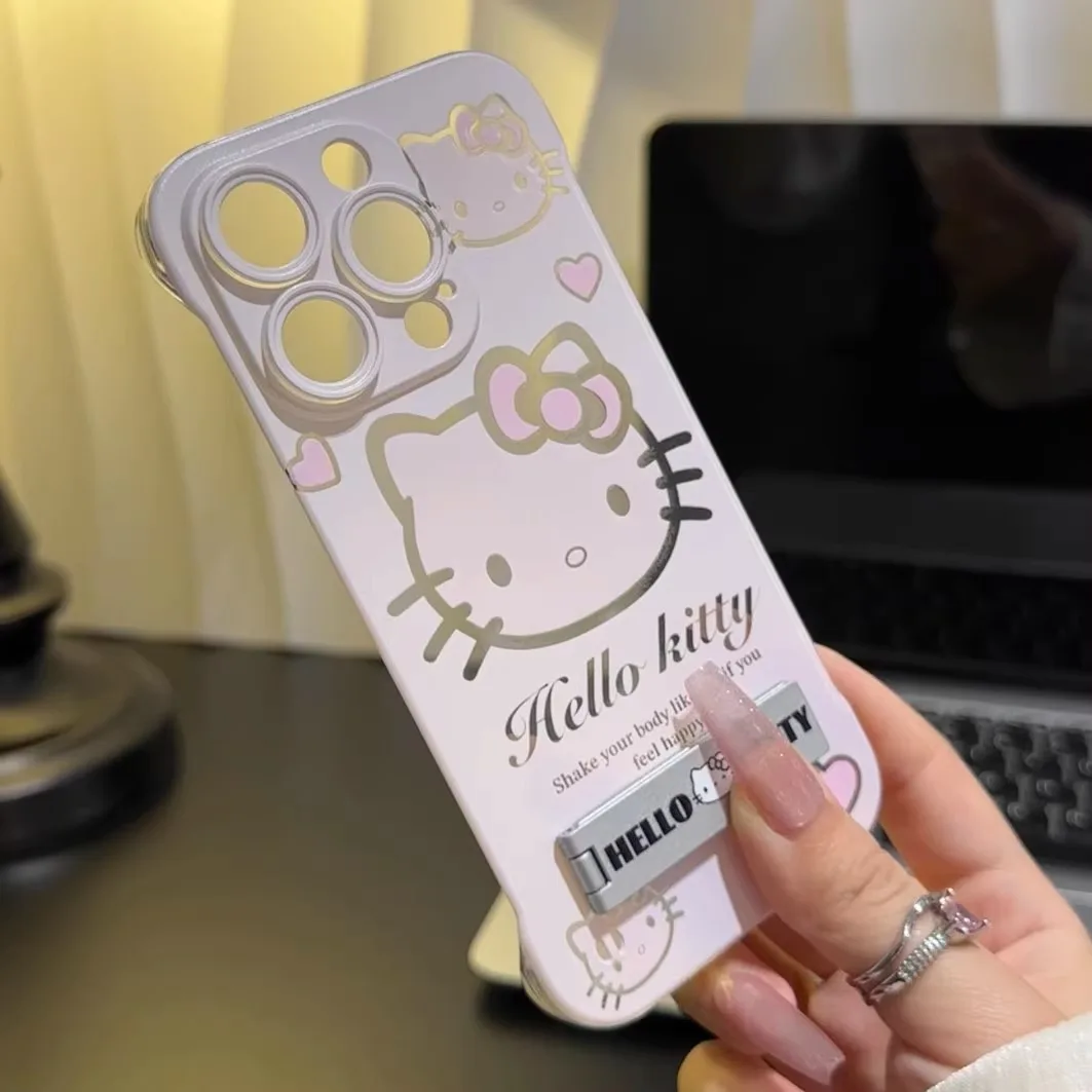 Mobile phone case Hello Kitty ultra-thin metal stand suitable for iPhone16 15 14 13 mobile phone case full lens frameless hard c