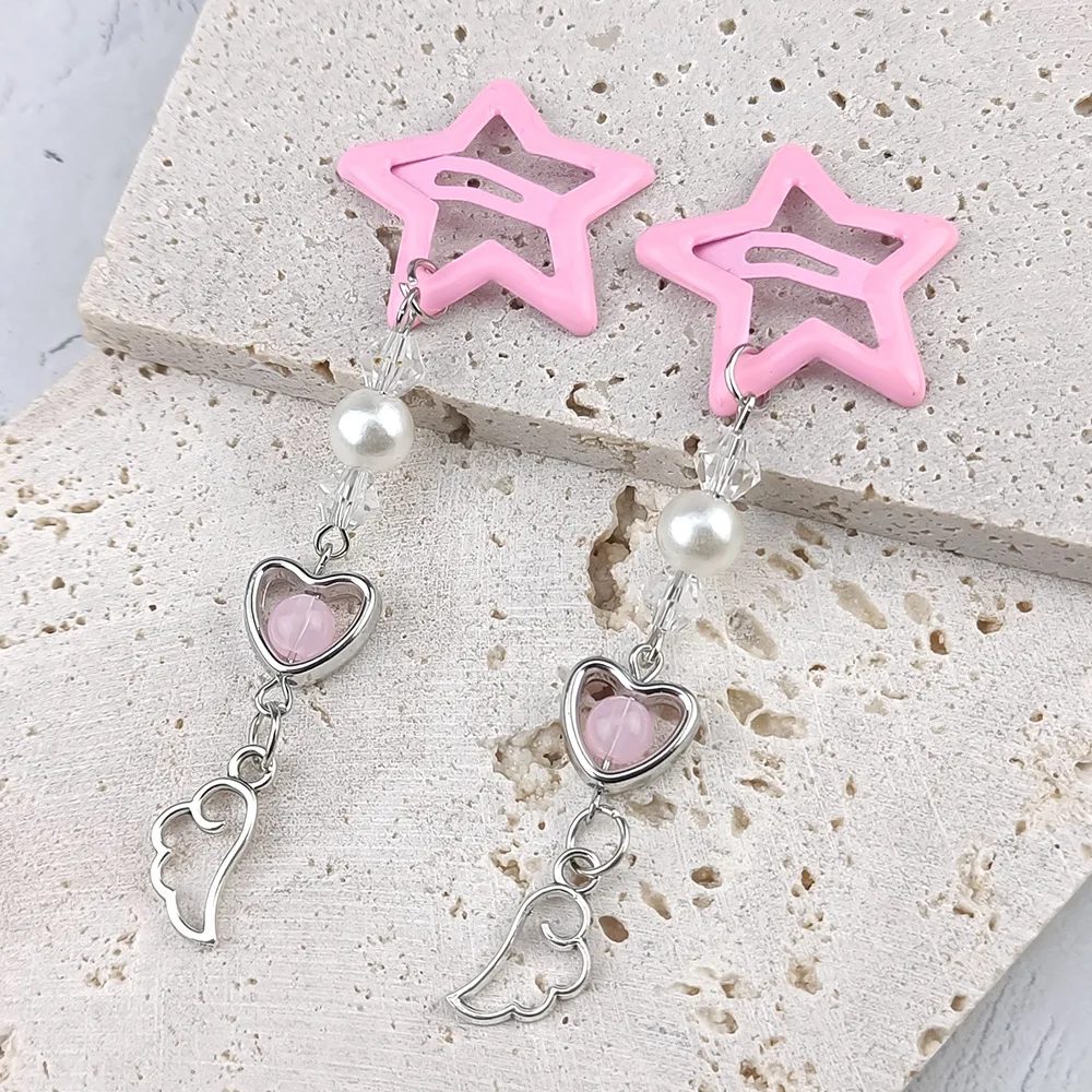 2pcs Korea New Fashion Five-pointed Star Tassel Side Hair Clip Female Creative Handmade Sweet Girl Hair Y2k Butterfly Hairpin view 5