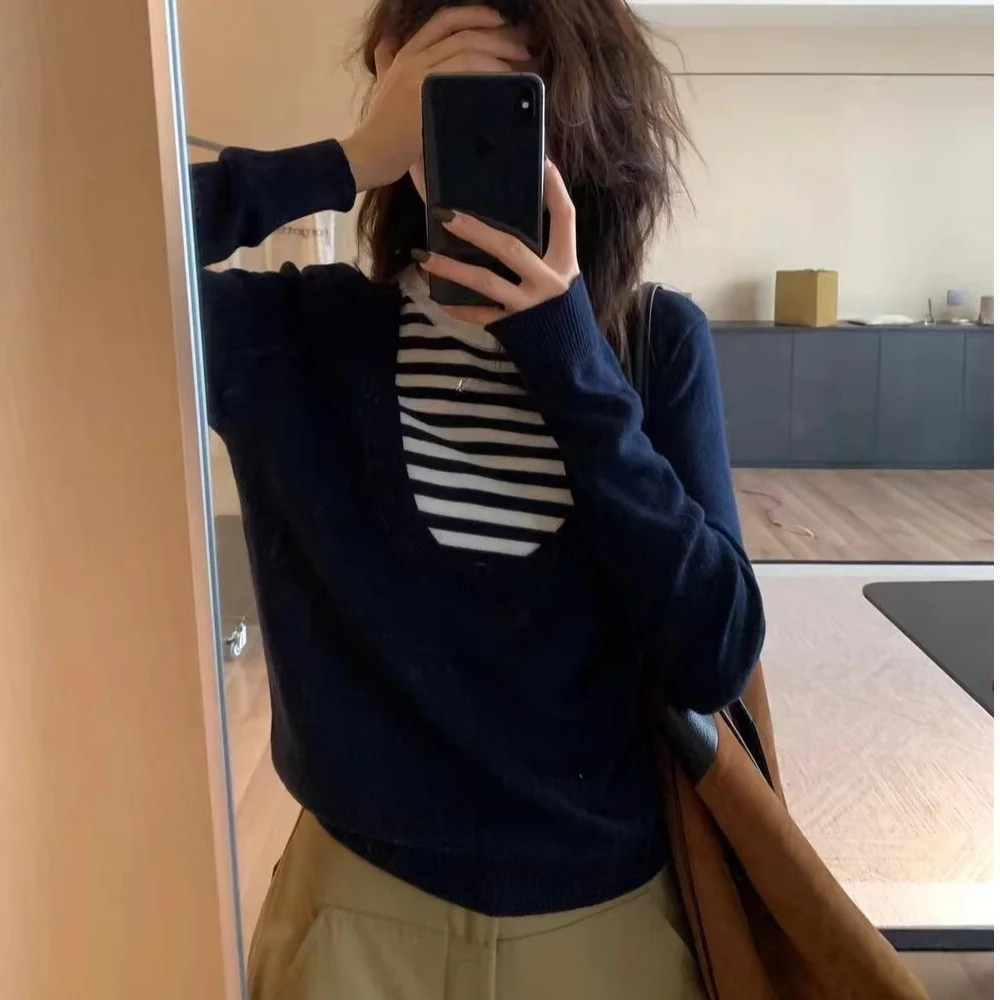 Женский вязаный свитер Long Sve, осень-зима, новый корейский дизайн, INS, полосатый топ из двух предметов