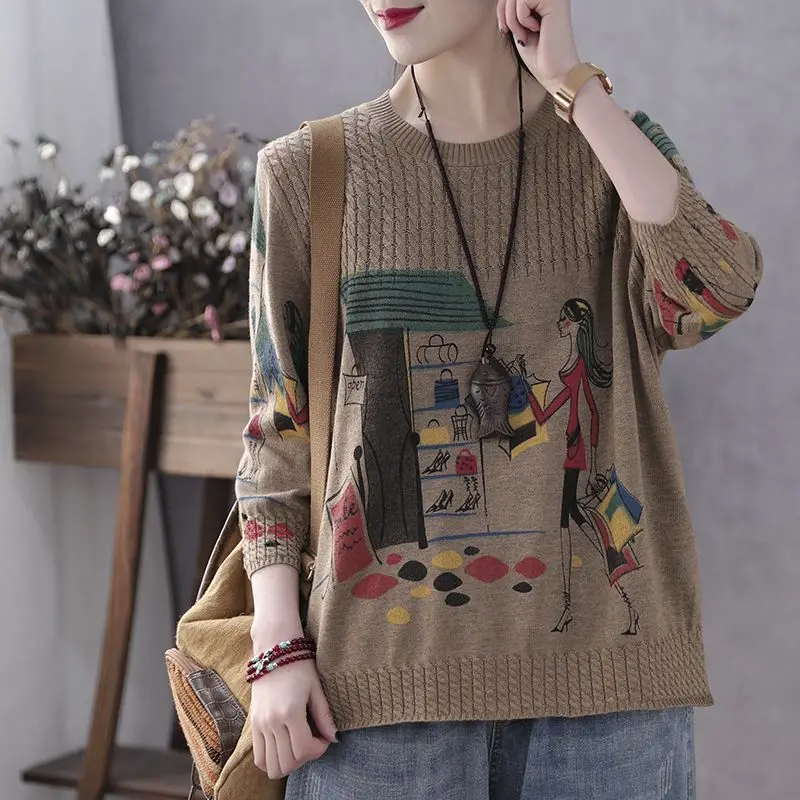 Women Autumn Fashion Vintage Printing O-neck Sleeve Knitwear Ladies Office Lady All-match Appear Thin Knitting Pullover Tops