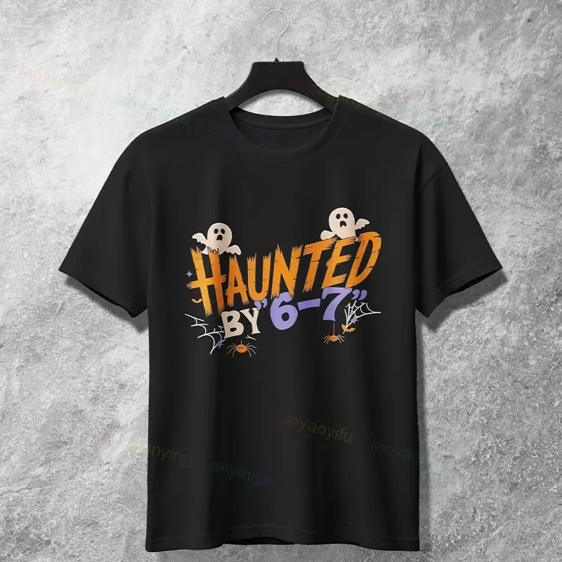 

Haunted by 6-7 Ghost Spooky Season Graphic Tee Breathable Cotton Short Sleeve T-Shirt for Men Women