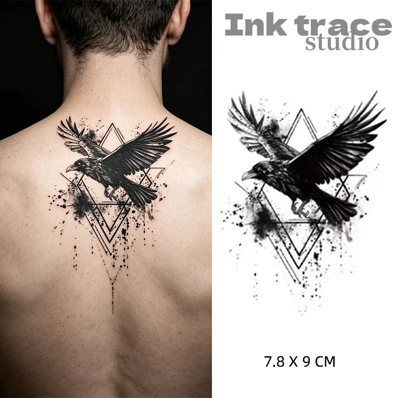 1/2PCS Black Raven Geometric Temporary Tattoo Sticker Waterproof Realistic Fake Tattoo Long Lasting Body Art for Men Hand Arm