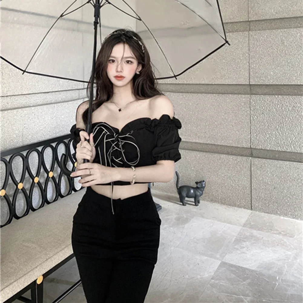 

Party Dress Vacation Outfits 1 Size Black Lace Shirt Casual Sexy Blouse For Women Korean Style Top Bow Tie Detail