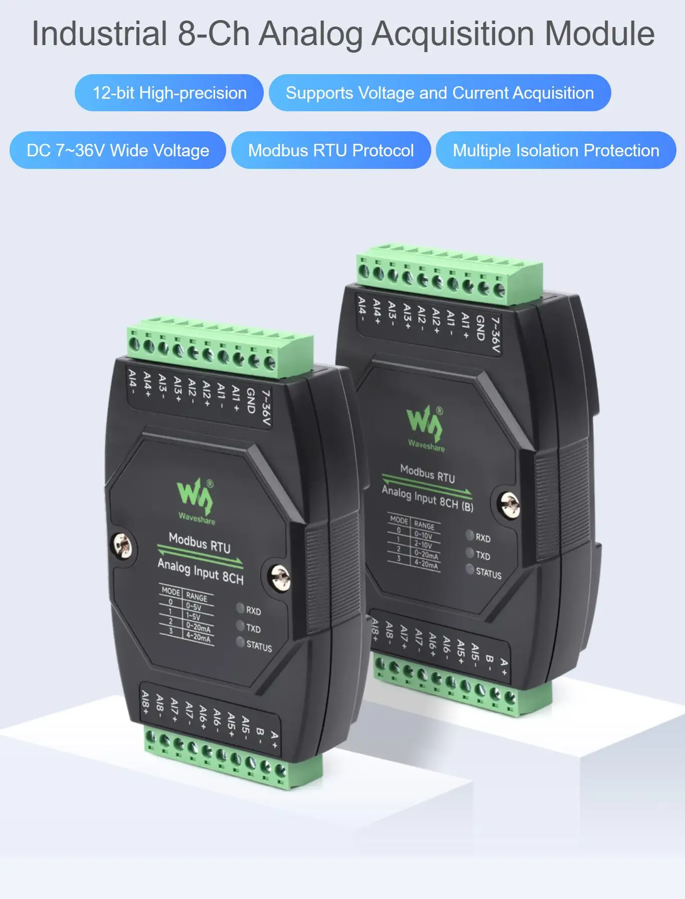 Modbus RTU-Protokoll RS485 Industrielles 8-Kanal-Analog-Erfassungsmodul 12-Bit Hochpräzise unterstützt Spannungs- oder Stromerfassung