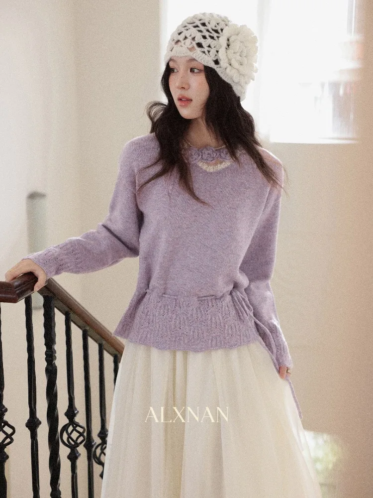 ALXNAN เสื้อกันหนาวผู้หญิงสีม่วงฤดูหนาว 3D ลายดอกไม้ที่ไม่ซ้ำใครคอเสื้อเชือกรูดเอวเสื้อแฟชั่นหรูหราหลวม-ฟิตท็อปส์ L60379