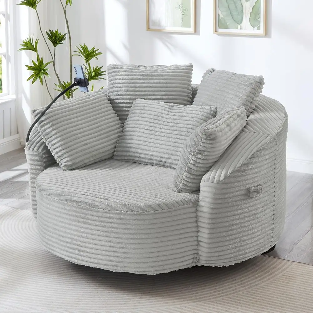 

56 Oversized Round Swivel Chair with 5 Pillows, Corduroy Upholstered, 360° Rotation, Ideal for Living Room, Bedroom, Hotel, Ligh