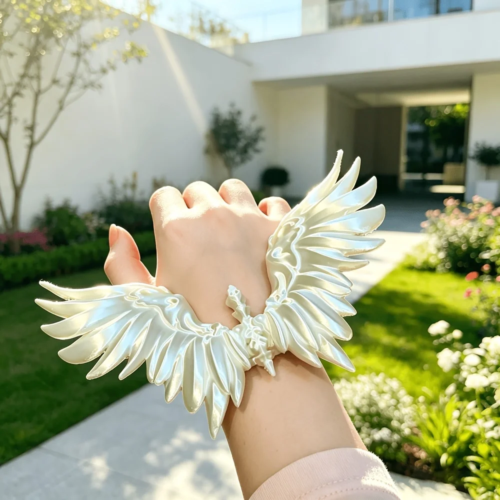 Kids Angel Wing Cuff Bracelet Silver Pearl Luster Open Bangle Cute Fairy Jewelry for Girls Birthday Gift Party Accessories