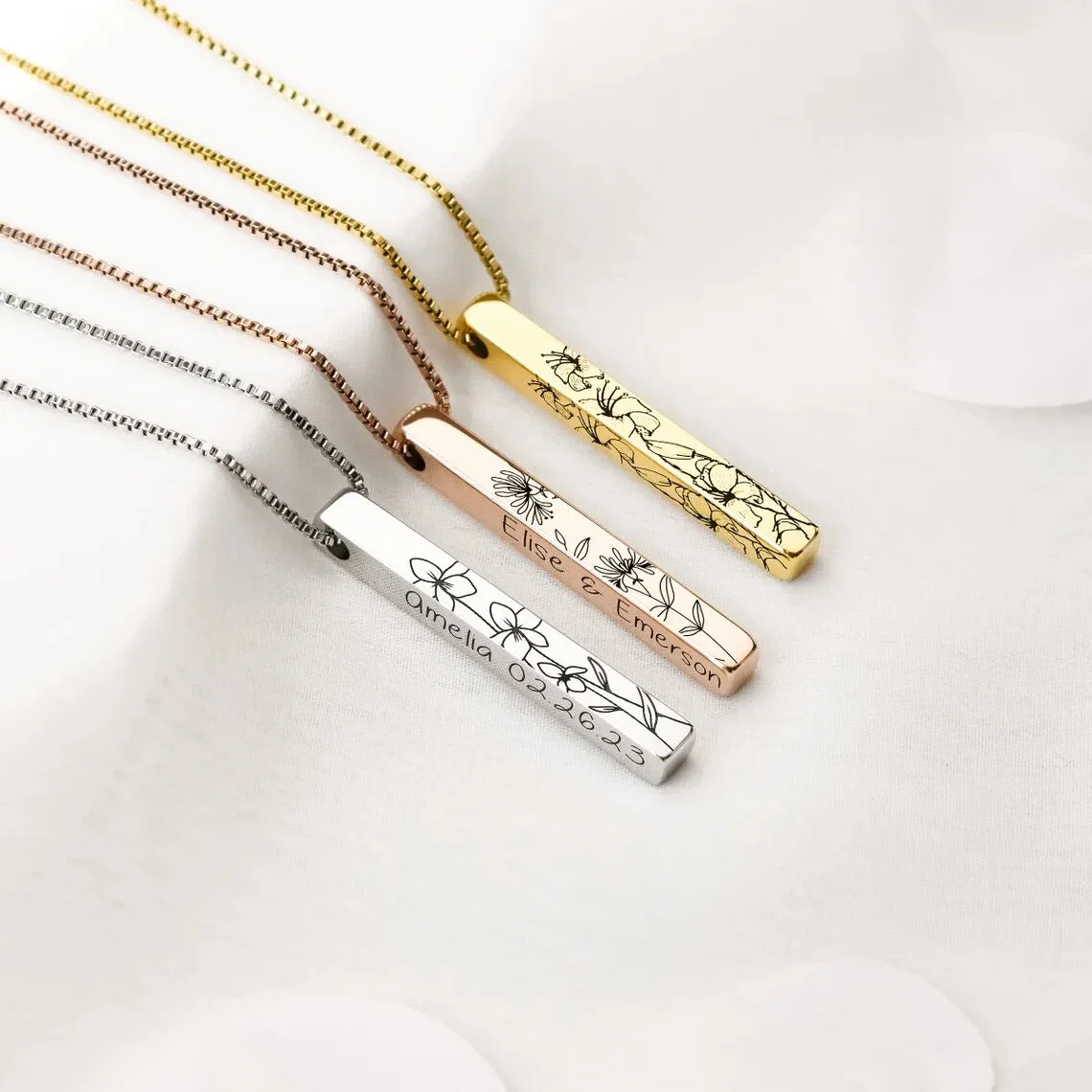 Custom Birth Month Flower 3D Vertical Pillar Bar Necklace Personalized Fashion Kids Name Necklaces Mother's Day Jewelry Chain