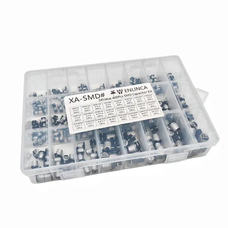 400Pcs/Lot 1UF~1000UF 10V-50V 24Value SMD Aluminum Electrolytic Capacitors Assortment Kit + Box