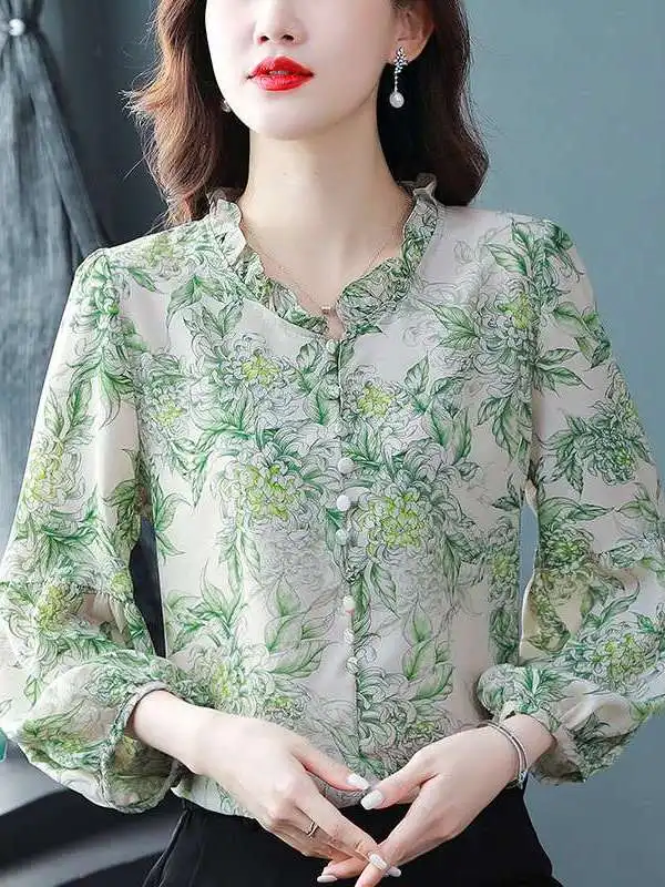

Spring Floral Chiffon Shirt Women's Long Sleeve Cleanfit Style Poly Fabric A-Line Sleeve Thin Thin Non-Stretch Ladies' Shirt