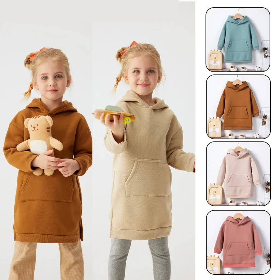 Kids Winter Sweatshirt Solid Color Long Unisex Clothes Casual Warm Hooded Sweatshirt Dress Pockets Comfortable Skin Friendly