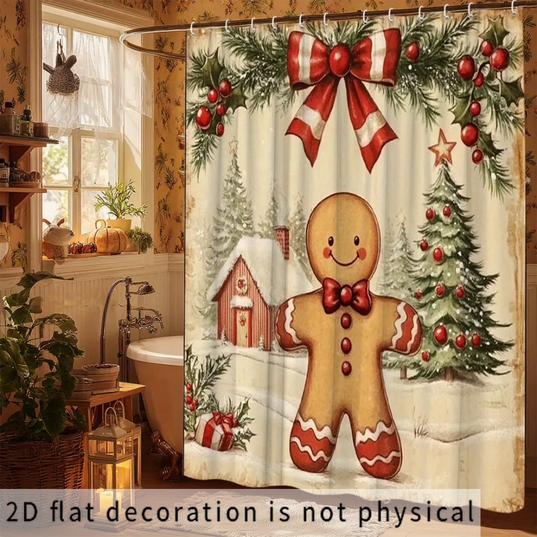 Bathroom Curtains Shower Curtains 2D Flat Shower Curtain 1pc, Christmas Gingerbread Man Shower Curtain, Bathroom Decorative