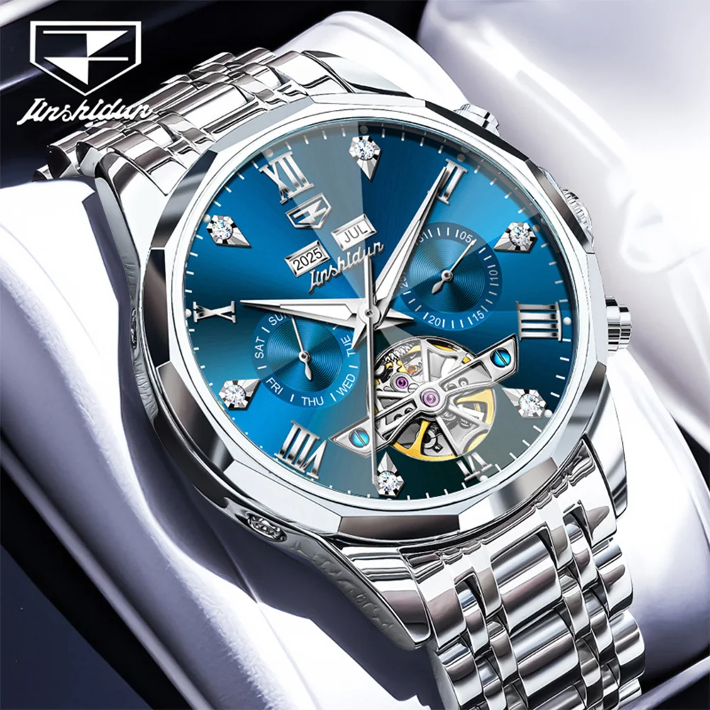 JSDUN New 8989 Men Watch Original Automatic Mechanical Watch Luxury Waterproof Luminous Diamond Hollow Calendar Week Men Watch