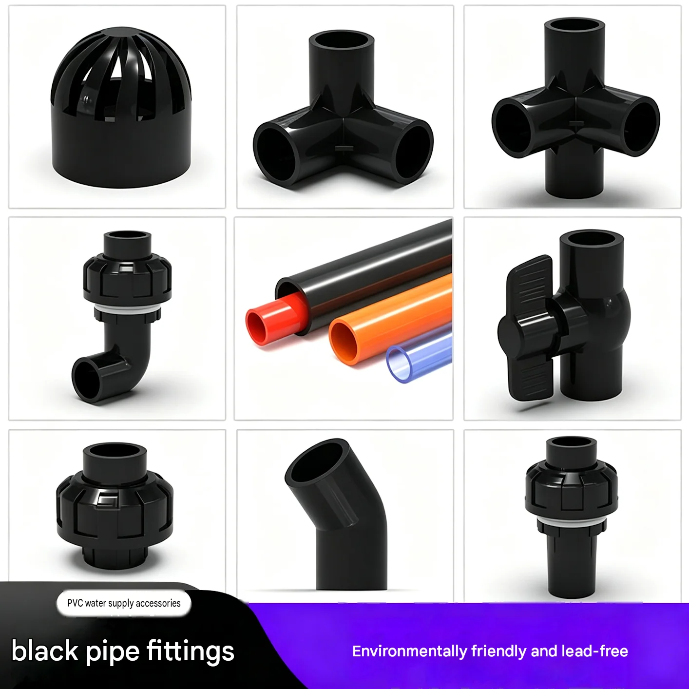 Black PVC Pipe Fittings Set, Aquarium Plumbing Bulkhead Adapters, Ball Valve Elbow Union Tank Connector for Sump Filter, 20-50mm