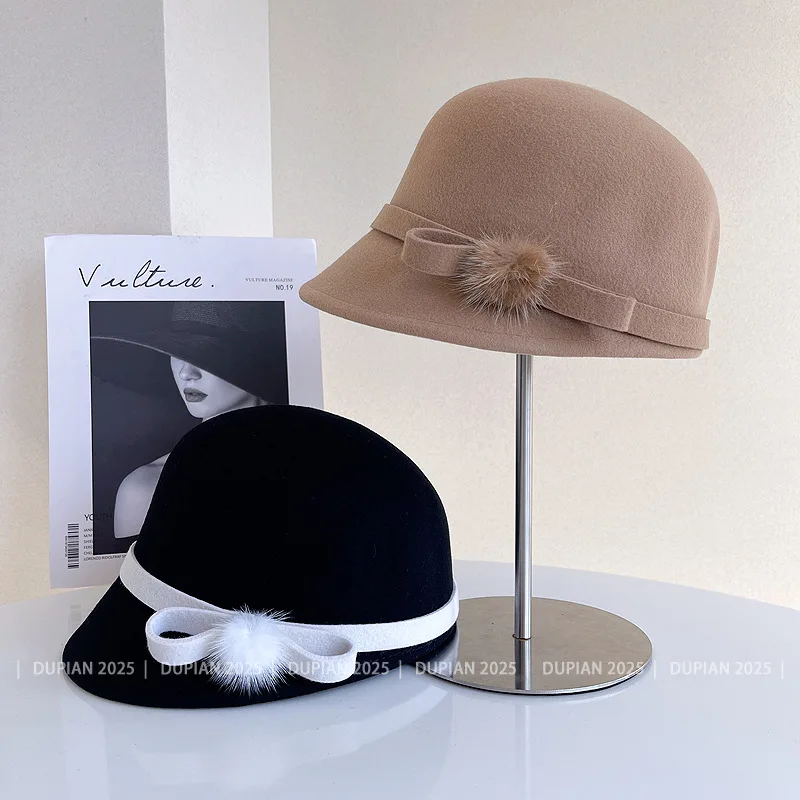 الموضة اليابانية الجديدة الانحناء الكريات الزخرفية الصوف الفروسية القبعات النساء الخريف الشتاء السيدات خمر قبعة فيدورا المجهزة قبعة قناع