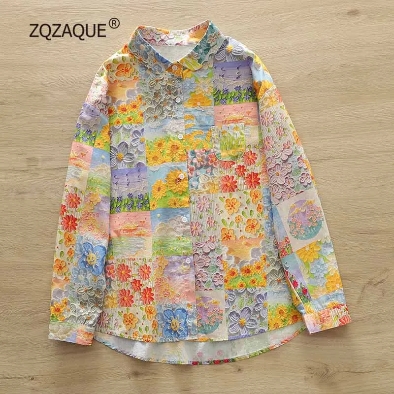 Women\'s Floral Pattern Printed Shirt Female Fashion Tops Long Sleeve Single Breasted Oil Painting Loose Blouse New Autumn SY2674