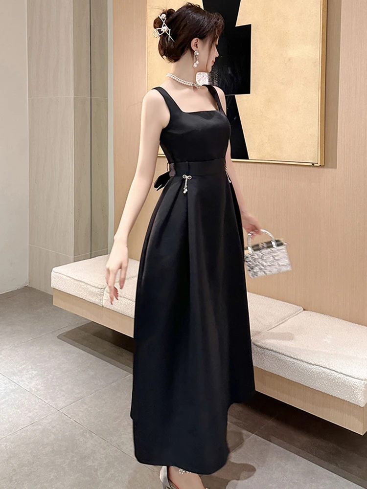 French Elegant Prom Dresses Women Retro Classic Black Strap Backless Pockets Belt Sashes Folds A-line Robe Female Party Vestidos