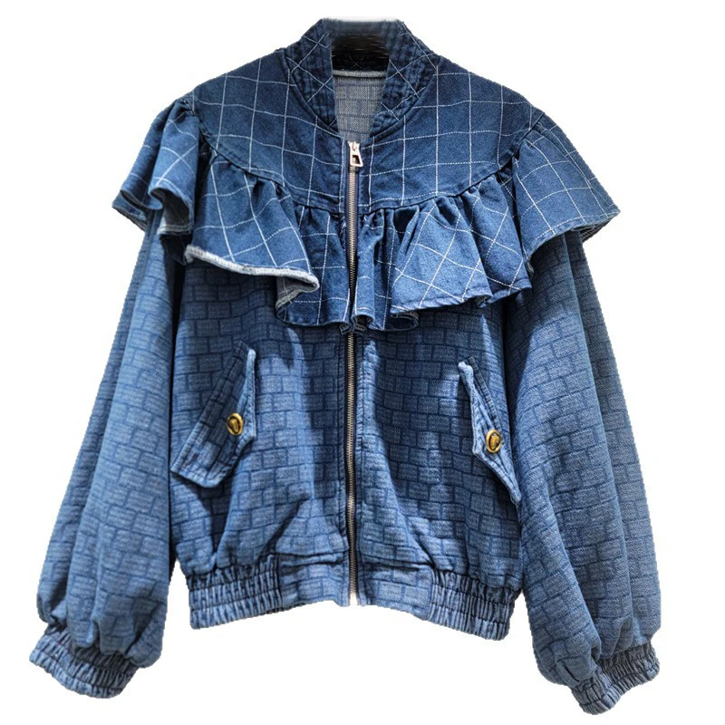 WTHT New Fashion Women's Spliced Shawl Collar Plaid Denim Jacket 2025 Autumn Trendy Long Sleeves Zipper Coat Female 1LS2261