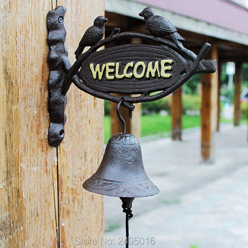 Retro Welcome Bell with Two Little Birds Modeling - Wrought Iron Doorbell, Cast Iron Hand Bells Craft for Gate of Coffee Shop