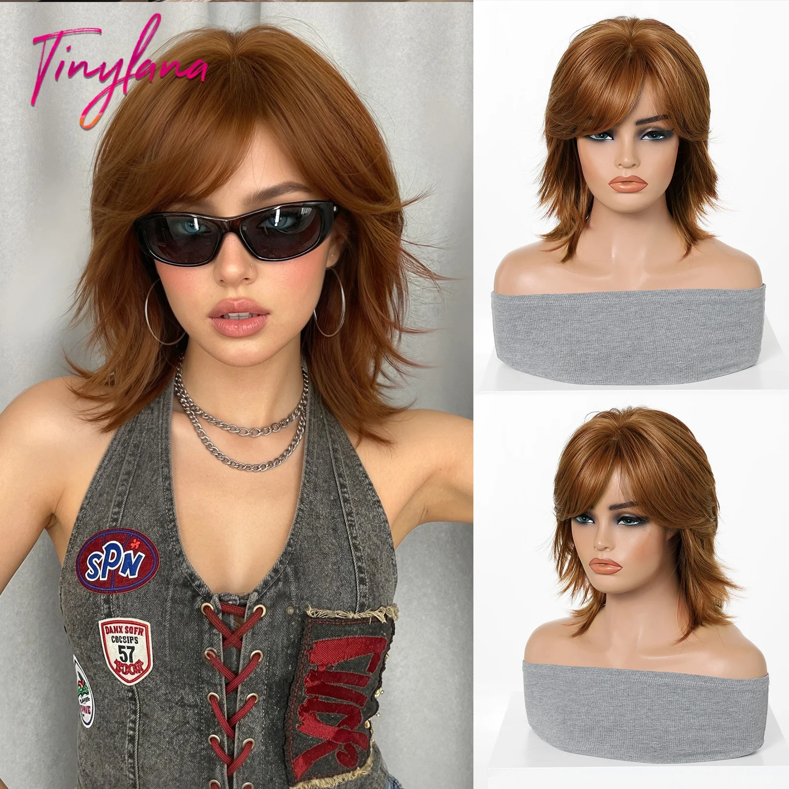 TinylaNa Sommer-Perücke im neuen Stil, kurze Wellenperücke mit Pony, kupferbraune Perücke, synthetisches Material, hitzebeständige Faser, strukturierte Bob-Perücke