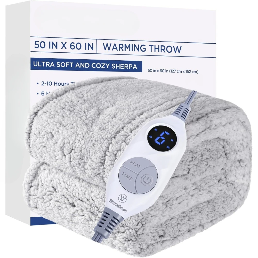 

Electric Blanket Size, Soft Plush Wool Heating Blanket, 6 Heating Levels and 2-10 Hour Automatic Shutdown, Machine Washable