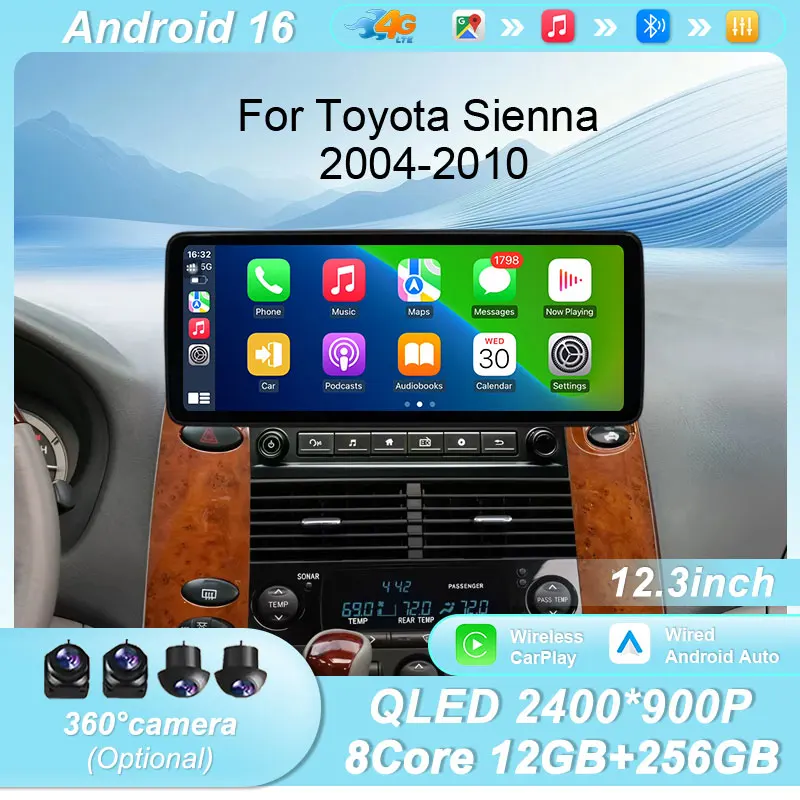 

12.3" Android 16 Car Stereo for Toyota Sienna 2004-2010 Wireless CarPlay Auto GPS BT WiFi DSP IPS Touch Screen Multimedia Player