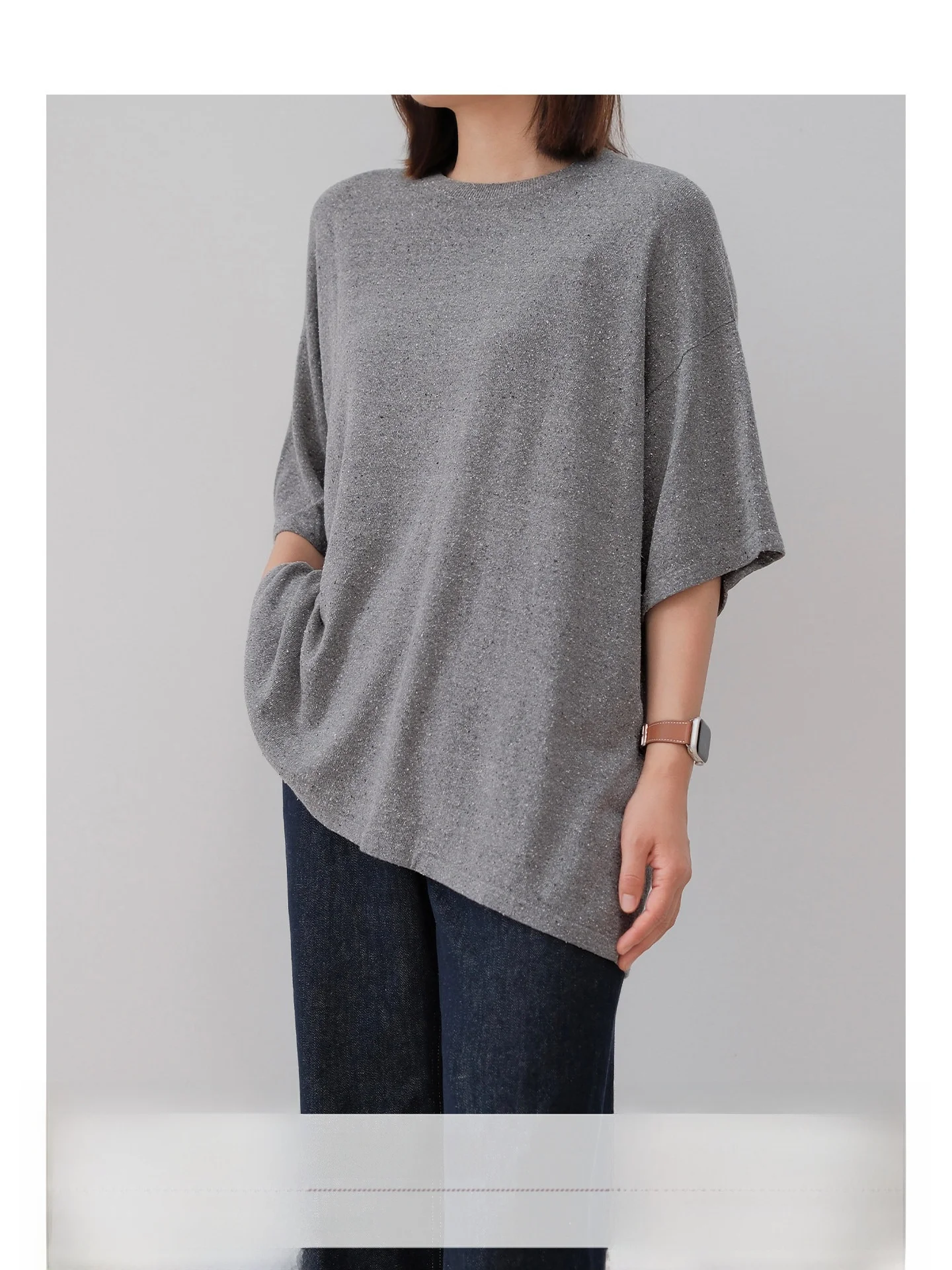 

Свободная летняя шелковая вязаная футболка с коротким рукавом, мягкая, приятная к телу, для весны и осени, повседневная, с круглым вырезом, однотонная.