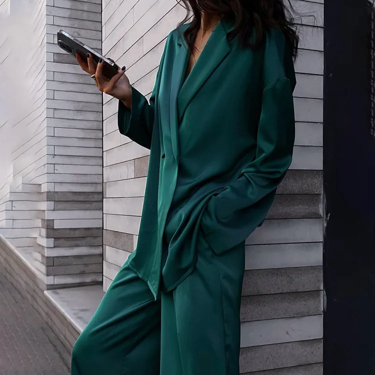 Elegant Green Satin Pants 2 Piece Sets Slweepwear for Women Casual Loose Pajamas Set Long Sleeve Wide Leg Trouser Suit Outifits