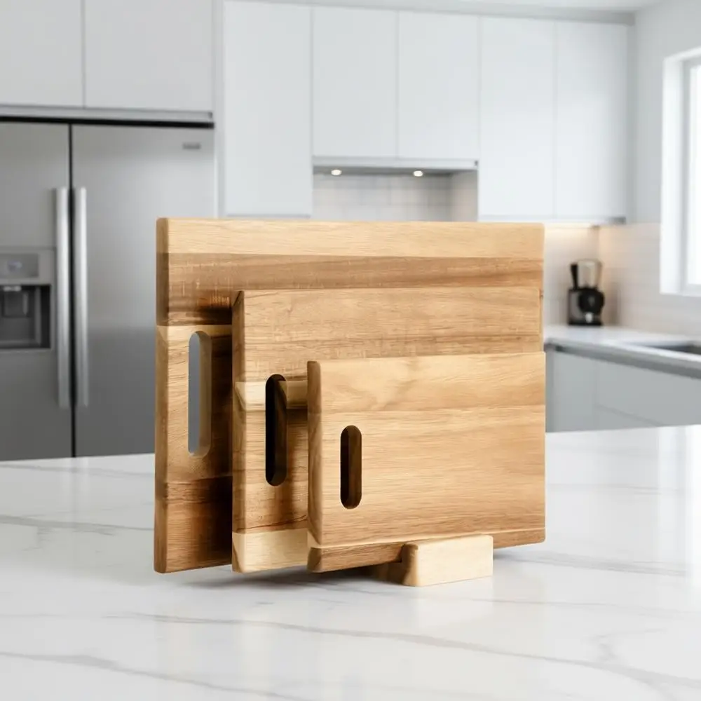 

Set of 3 Acacia Wood Cutting Boards with Holder - Durable for Chopping, Meat, Vegetables, and Fruits