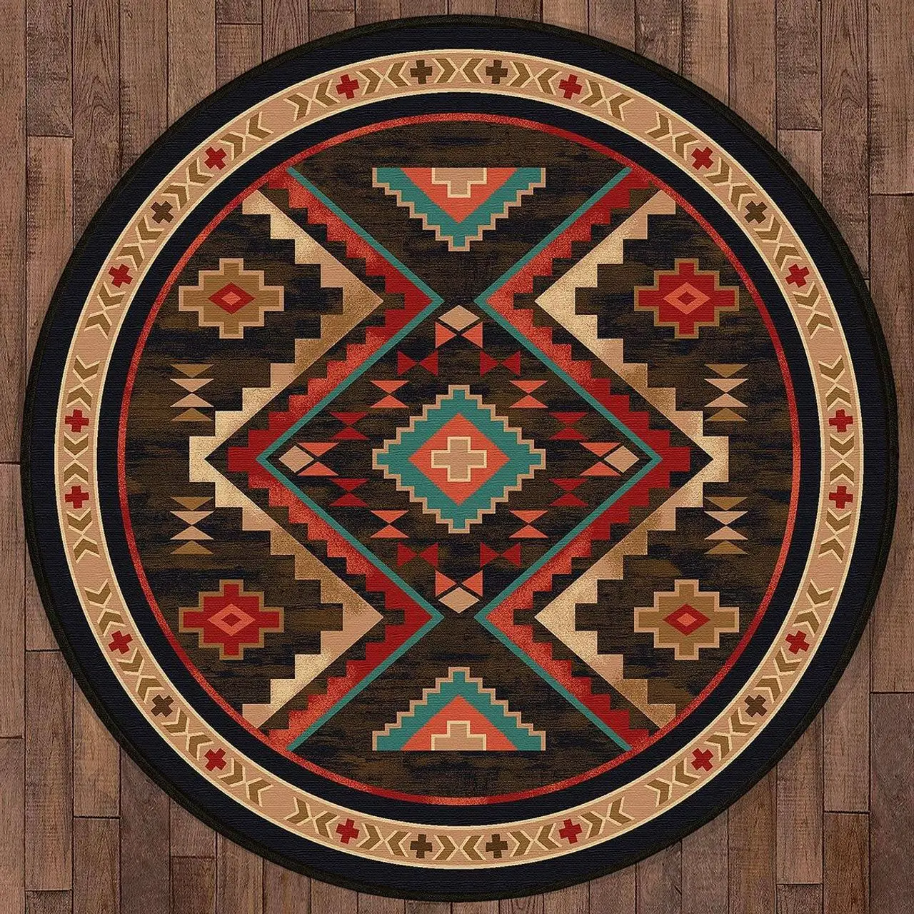 Round Native Rug Brick Red Base Stepped Meander Keyline Printed Circular Carpet Feathered Arrows for Sofa Coffee Table