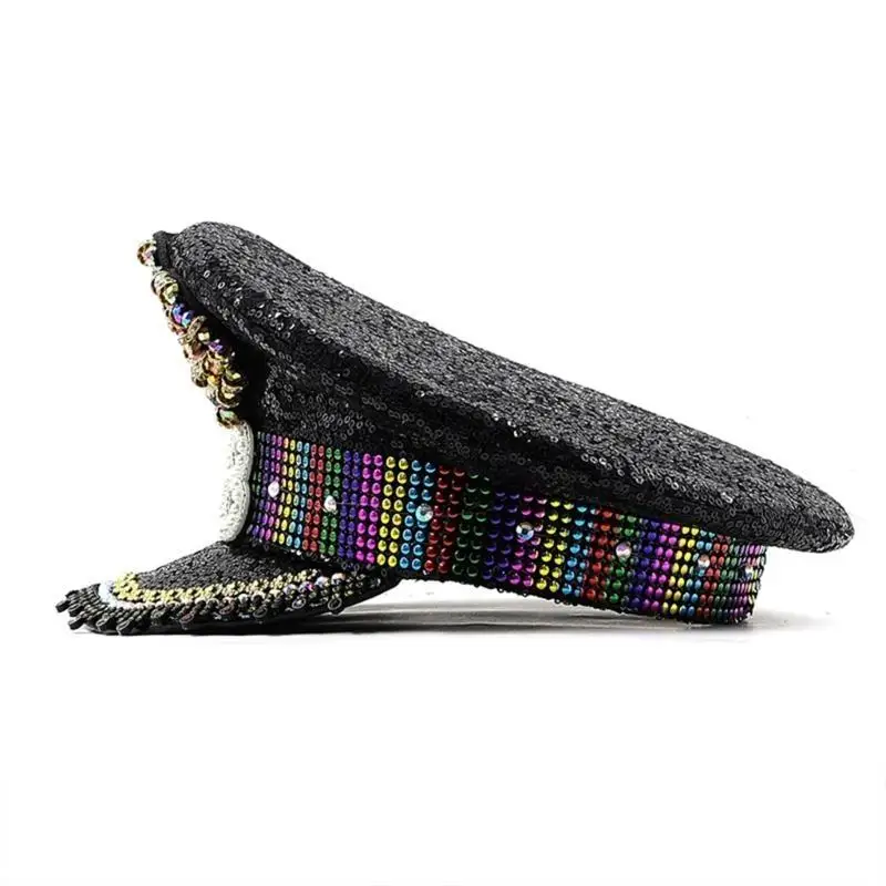 652F Colorful Hat for Bride Cosplay Cap Blingbling Sequins Hat Stage Performances Props MilitaryHat