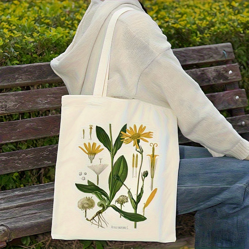Botanical Art Tote Bag Spacious and Durable Shoulder Bag Bright Yellow Floral Green Leaf Patterns. Perfect Shopping Reusable Bag