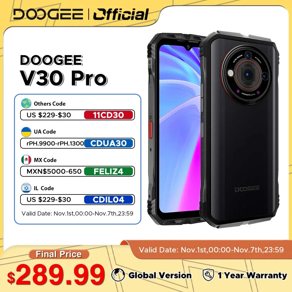 

Global Version DOOGEE V30 Pro Rugged Phone 5G 6.58" 120Hz Display 12GB 512GB 200MP Camera Dimensity 7050 10800mAh 33W Charge