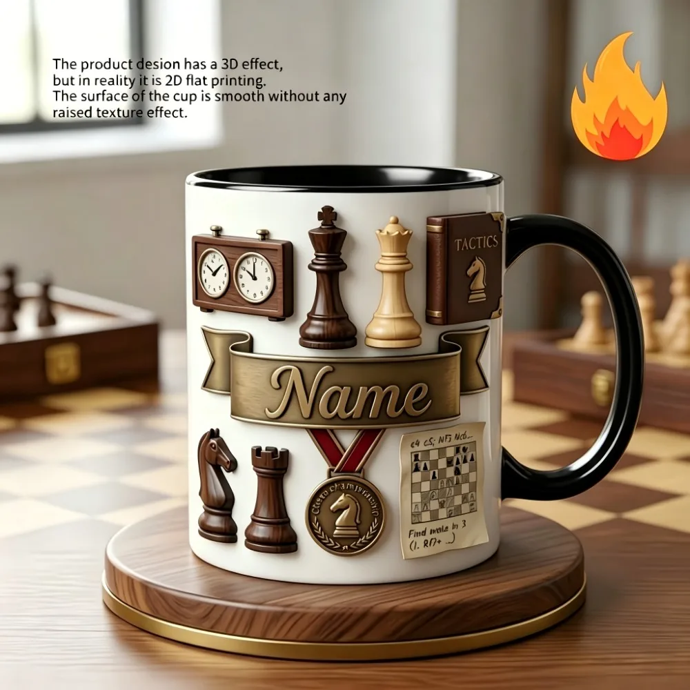 Personalized Chess Pattern Ceramic Mug Custom Name 11oz Tactical Coffee Cup 2D Flat Print Gift for Chess Lover Birthday Annivers