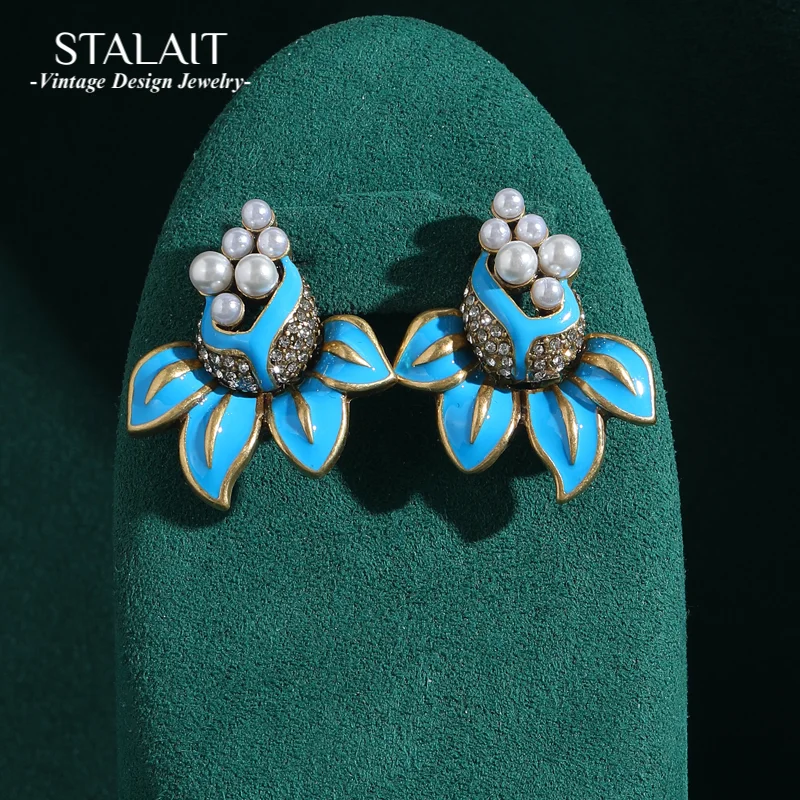 

Vintage Pearl blue goldfish tail pearl Stud Earrings for Woman Jewelry Antique Accessories Gold Color Korean Fashion New 2025