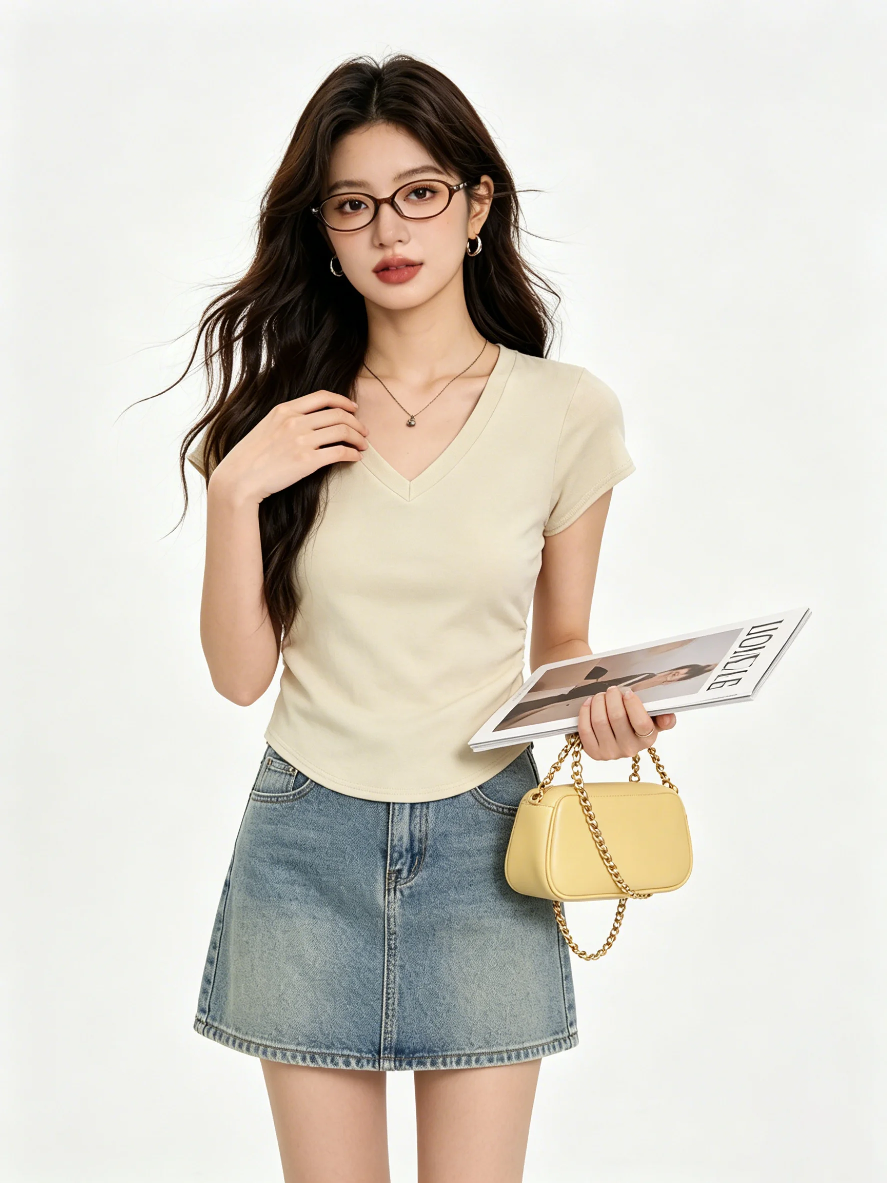 Skin-friendly Breathable Casual Simple White Short T-shirt Summer Design Sense Pleated Waist Slimming Short Sleeve Women