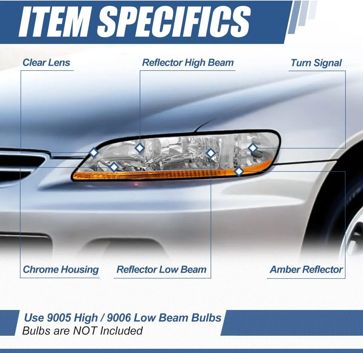Factory Style Halogen Headlights Assembly Compatible with Accord CG 98-02, Driver and Passenger Side, Chrome Housing with Amber