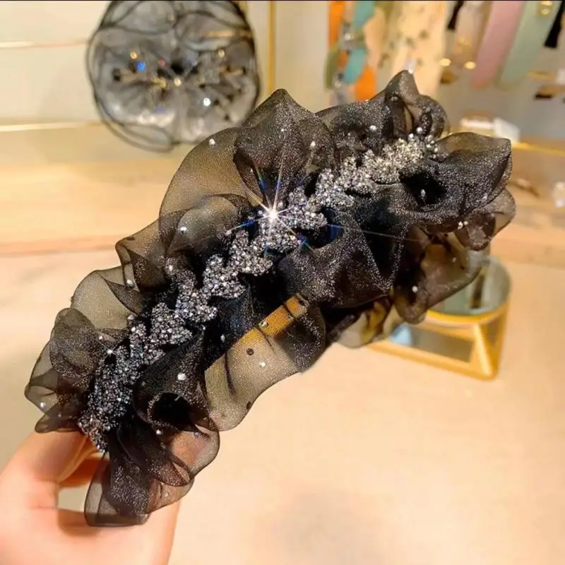 أربطة شعر شبكية سوداء فاخرة للفتيات والنساء - عصابة رأس أنيقة بحافة قابلة للتوسيع من حجر الراين