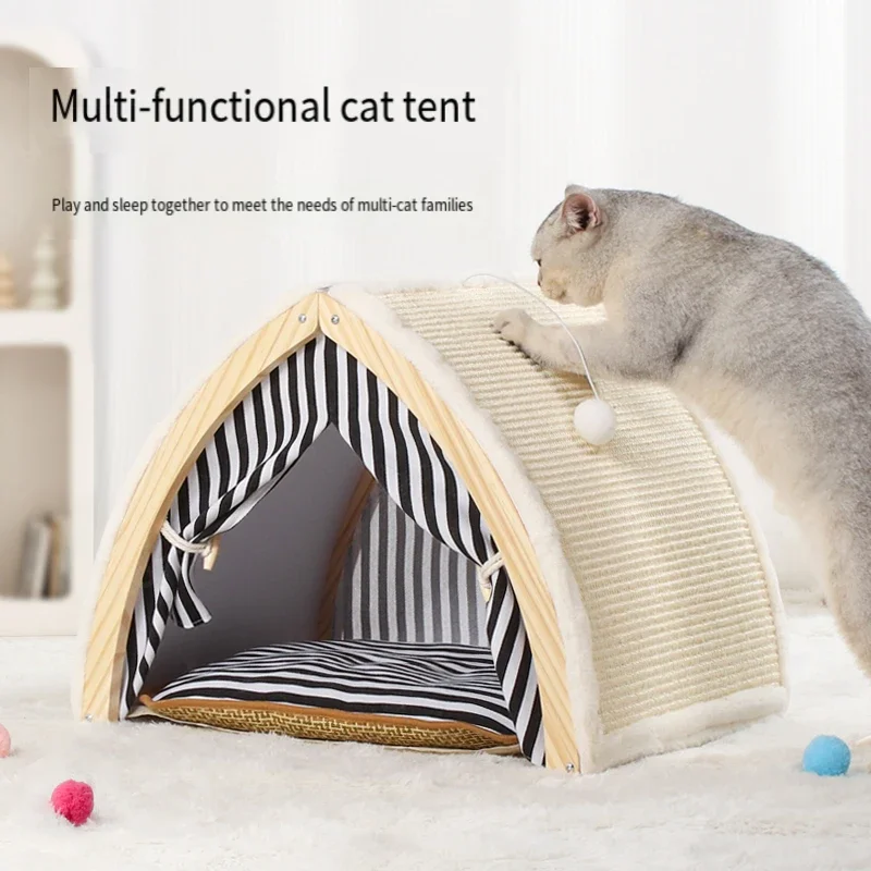 Cat's kennel, warm pet's nest in summer and winter, solid wood dog bed, removable universal sisal pet tent in all seasons